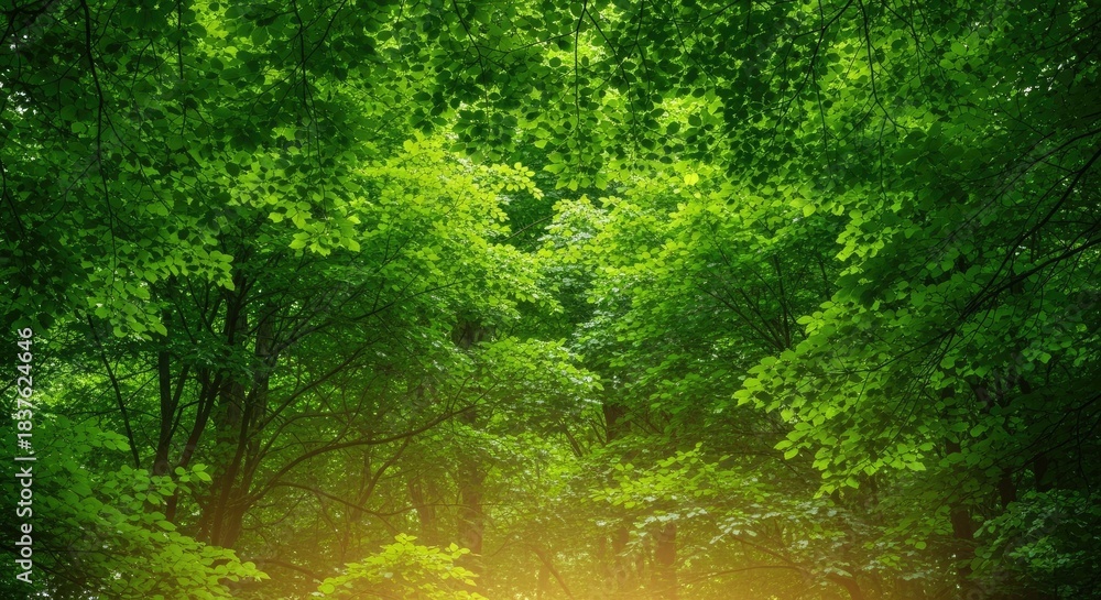 Obraz premium A lush green forest with vibrant green leaves and sunlight filtering through the canopy.