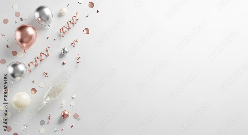 Fototapeta premium A festive table setting with balloons, confetti, and a champagne flute on a white background.