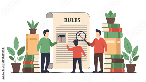 People examining a large document with RULES written on it, surrounded by books and plants.