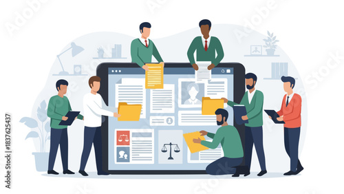 Team of professionals managing documents and data on a large tablet screen.