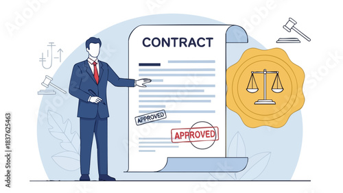 Businessman pointing to a large approved contract document.