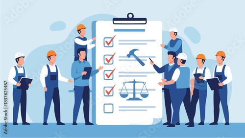 Construction workers reviewing a large checklist for quality control and project management.