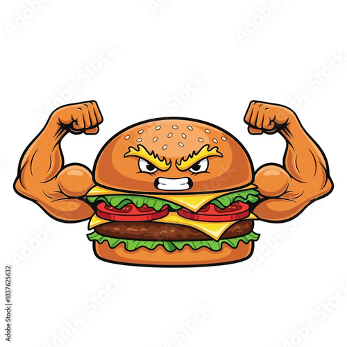 Strong burger mascot cartoon flexing biceps angry face food character design illustration vector art
