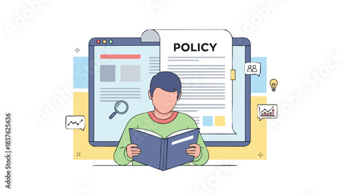 Man Reading Policy Document on Digital Screen.