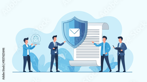 Business people protecting important document with shield and email icon.