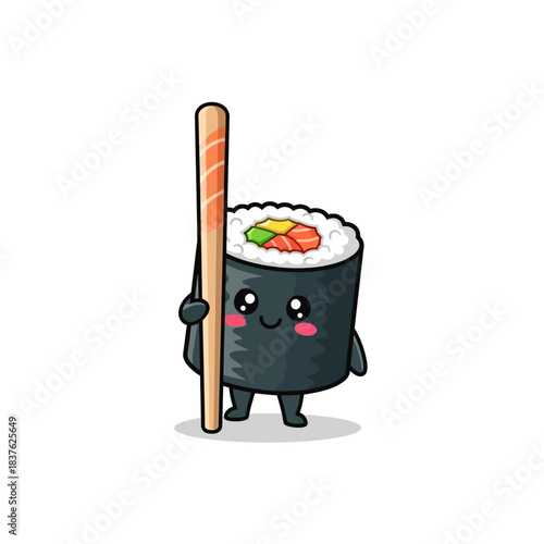 Cute cartoon sushi roll character holding a large wooden chopstick with happy face and rosy cheeks