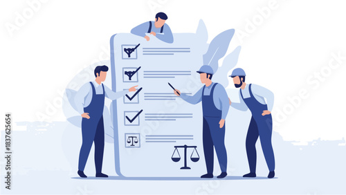 Team of workers reviewing a large checklist with legal scales.