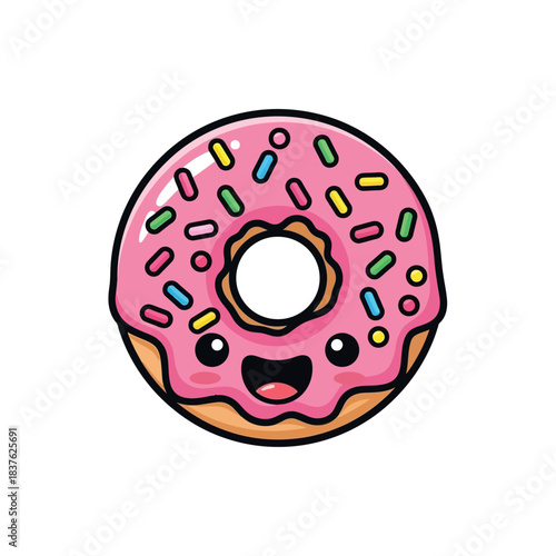 Kawaii donut cartoon character happy food sweet pastry pink frosting sprinkles cute dessert icon