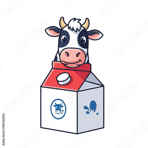 Cartoon cow peeking from milk carton funny dairy mascot cute farm animal beverage packaging design illustration