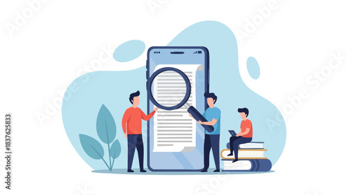 People examining document on smartphone with magnifying glass.