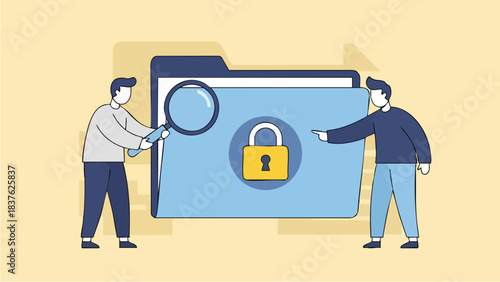 Two people examining a locked folder with a magnifying glass.