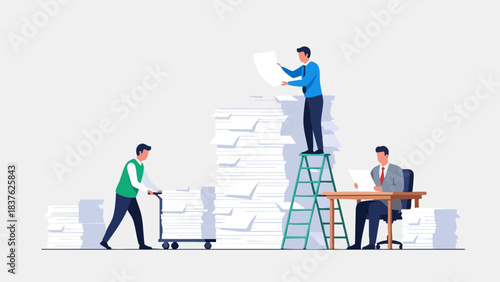 Office workers managing large stacks of documents and paperwork.