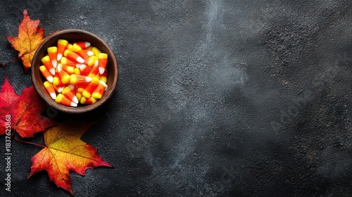 Wallpaper Mural Halloween Candy Corn in Wooden Bowl with Autumn Leaves on Sparkly Dark Background Torontodigital.ca