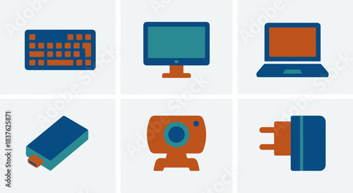 Computer hardware icons set keyboard monitor laptop webcam charger
