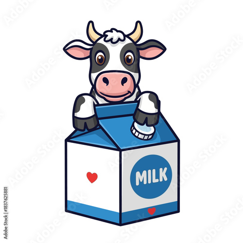 Cute cartoon cow mascot peeking over a blue and white milk carton holding the cap for dairy product advertising