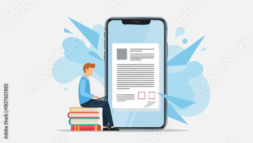 Man working on laptop next to giant smartphone with document.