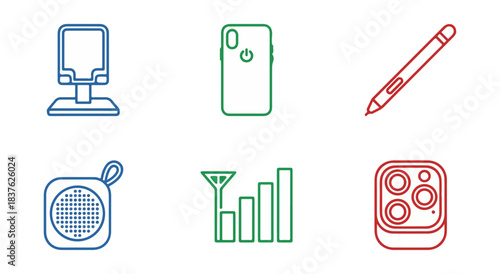 Set of technology icons smartphone stylus speaker signal camera stand
