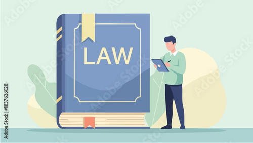 Man studying a large law book, legal education and justice concept.