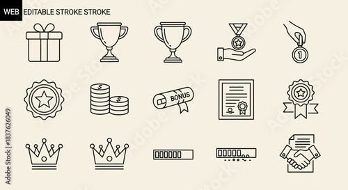 Collection of editable stroke icons representing awards, achievements, and success symbols for web design and business
