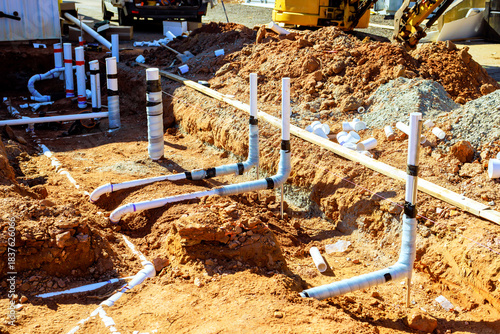 Construction site shows newly installed plumbing pipes in dirt area for building progress