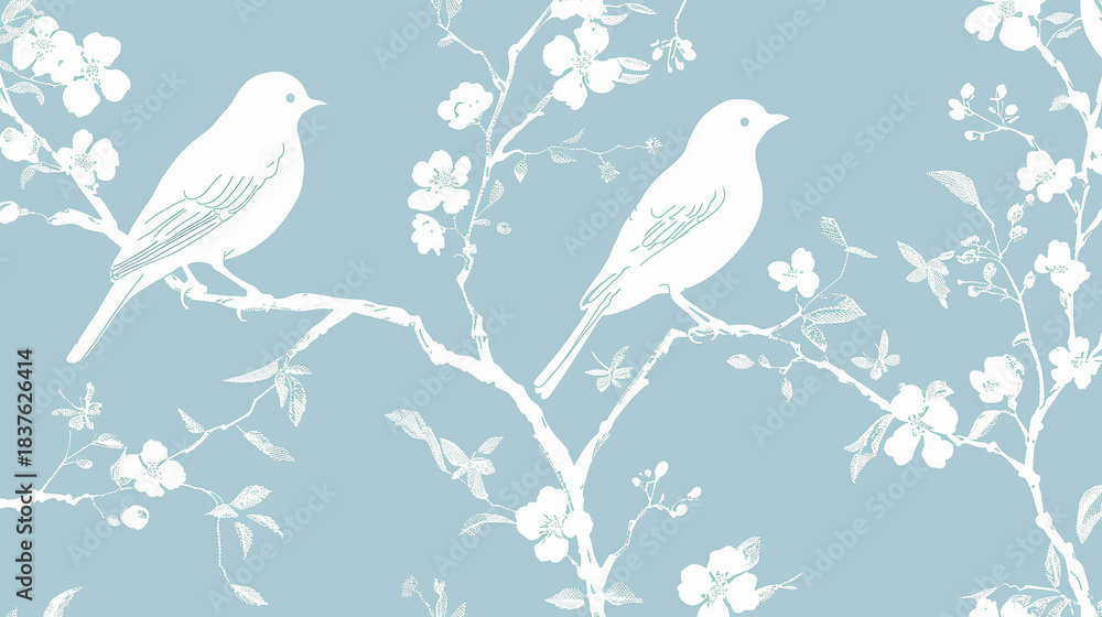 Obraz premium Minimalist silhouette pattern of a white bird perched on cherry blossom branches over soft blue background
