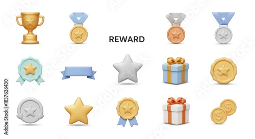 Collection of 3D reward icons, including trophies, medals, stars, gifts, and coins, representing achievement and success in various contexts