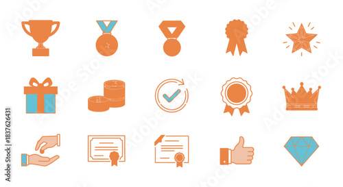 Collection of graphic icons representing achievement, success, awards, and rewards, including trophies, medals, gift boxes, and certificates