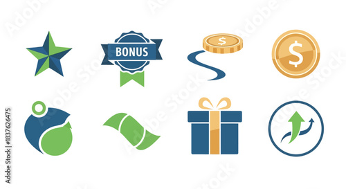 Set of bonus and gift icons representing rewards, earnings, and success