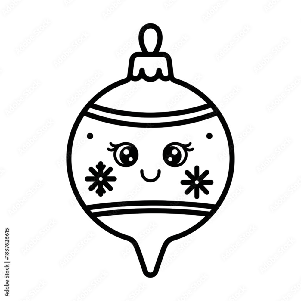 Obraz premium Cute kawaii Christmas bauble ornament with a happy face coloring page.