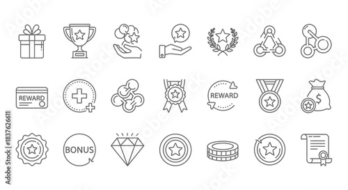 Collection of Reward and Achievement Icons Gifts, Trophies, Badges, Stars, Medals, and Certificates for Recognition and Success