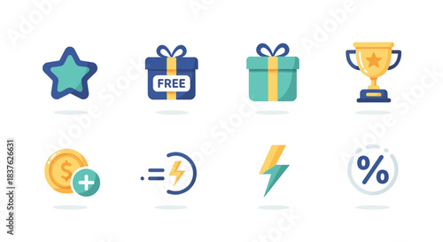 A versatile collection of flat vector icons illustrating rewards, achievements, and financial benefits for modern digital interfaces and promotional strategies