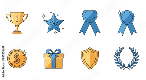 Collection of awards and achievements icons trophy, star, medal, ribbons, coin, gift, shield, and laurel wreath