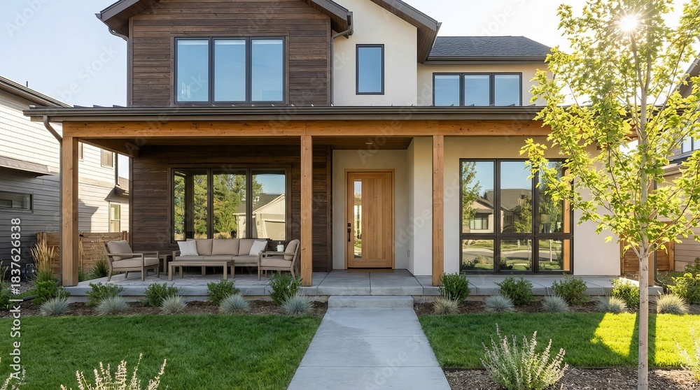 Obraz premium Contemporary suburban home exterior, featuring a spacious yard, clean lines, and a welcoming covered porch, creating a fresh, modern residential atmosphere
