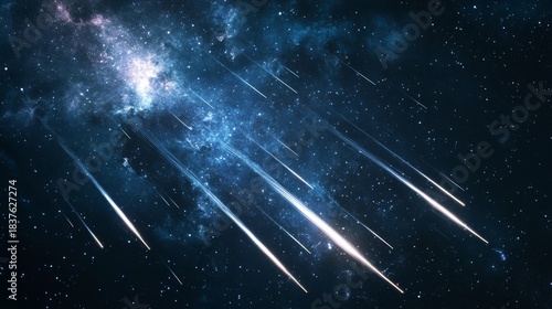 Luminous meteors streaking across deep space, brilliant white trails against obsidian sky, cosmic dust particles illuminated by starlight, hyper-detailed celestial phenomenon with distant galaxies