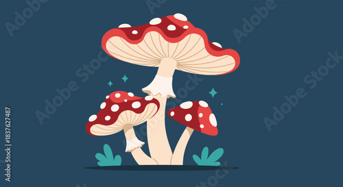 Whimsical illustration of three magical fly agaric mushrooms with red caps and white spots on a dark background for fantasy design.