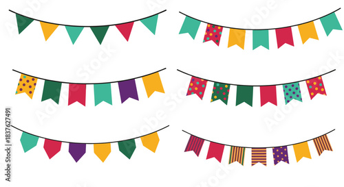 Collection of colorful hanging party bunting flag banners with various patterns for birthday, festival, and celebration decorations.