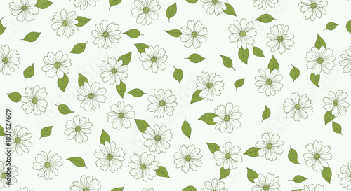 Delicate seamless floral pattern with scattered hand-drawn daisies and green leaves, perfect for a vintage or rustic textile design.