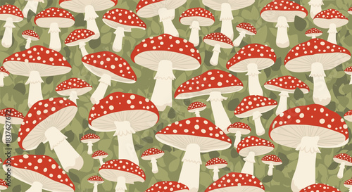 Dense seamless pattern of fly agaric toadstools with red and white caps on a leafy green background for a forest-themed design.