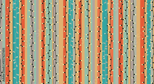 Festive seamless pattern with vertical colorful stripes and glowing christmas fairy lights, creating a celebratory holiday background.