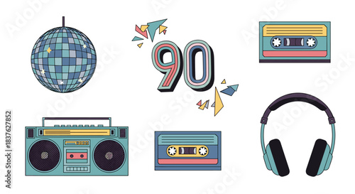Collection of 90s retro music and party icons, including a boombox, cassette tapes, disco ball, and headphones vector set.