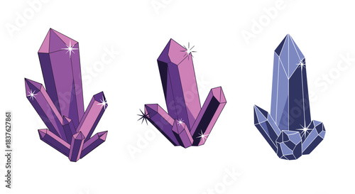 Set of three sparkling purple and blue crystal clusters, perfect for magical, fantasy, or geological themed vector illustrations.