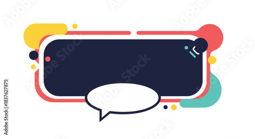 Modern abstract speech bubble banner with colorful geometric shapes, providing a dark frame for text and an inner dialog balloon.