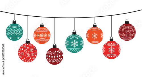 Garland of hanging christmas baubles in festive red, orange, and teal with intricate white patterns like snowflakes and swirls.