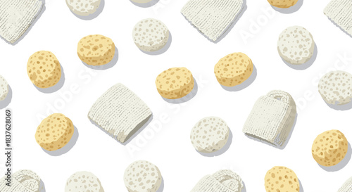 Seamless pattern with natural bath sponges and washcloths, promoting eco-friendly, zero-waste, and organic personal care routines.