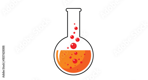 Simple cartoon illustration of a round-bottom boiling flask with bubbling orange liquid, representing science and chemistry experiments.
