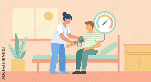 “Flat vector illustration of a nurse checking a patient’s blood pressure with a cuff, warm pastel palette, simple geometric shapes, minimal clinic background.”