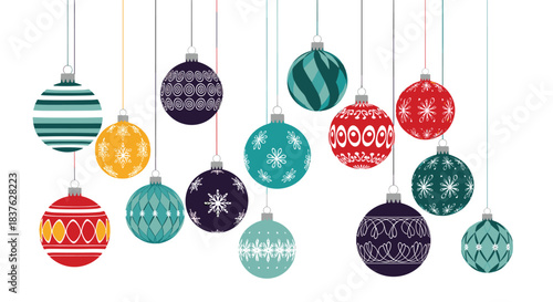 Collection of colorful hanging christmas ball ornaments with various intricate patterns like snowflakes, stripes, and geometric designs.