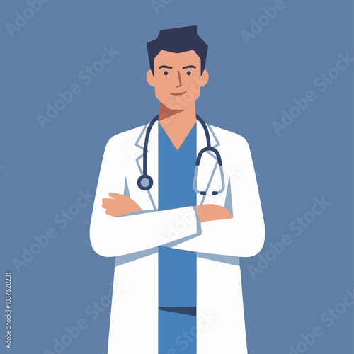 “Doctor standing confidently with arms crossed, flat vector style, solid color background, simple shapes, professional pose.”