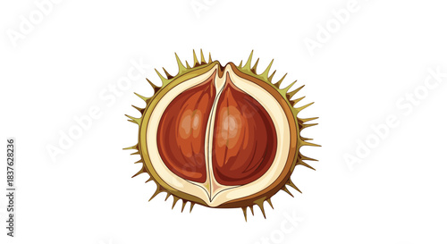 Detailed illustration of a horse chestnut or conker, split open to reveal the shiny brown seeds inside its spiky green case.