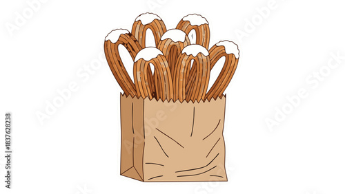 Golden Brown Churros Dusted With Powdered Sugar Arranged In A Brown Paper Bag Against A Black Background With A Minimalist Style
